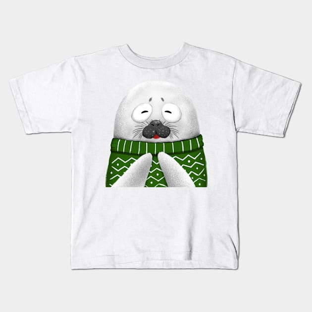 Cute Seal Wearing Green Sweater Kids T-Shirt by Luna Illustration